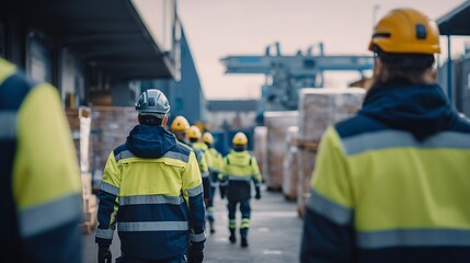 Group of workers in safety gear walking away from the camera at industrial site