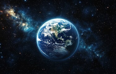 Fototapeta premium Bright and detailed view of the Earth from space showing continents, clouds, and oceans surrounded by stars and cosmic dust