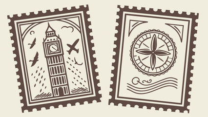 Vintage travel postage stamps featuring london big ben and compass rose illustration design vector graphic