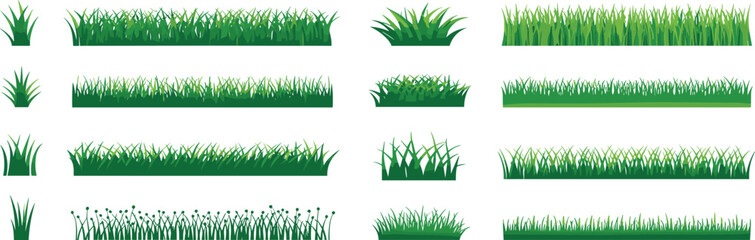 Green grass vector set, isolated lawn illustrations, cartoon meadow design, summer field elements, nature greenery decoration, plant silhouette, landscape clipart