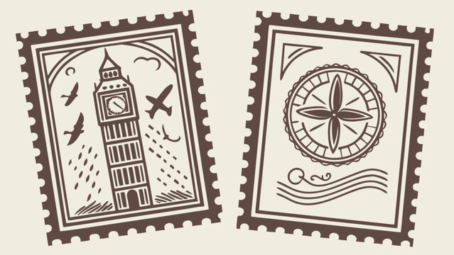 Vintage travel postage stamps featuring london big ben and compass rose illustration design vector graphic