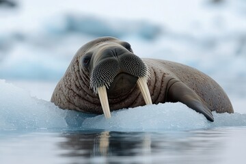 Large walrus resting on floating ice in cold Arctic waters with relaxed and calm expression