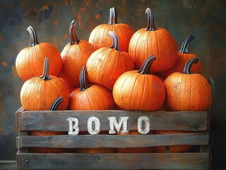 crate filled with several bright orange pumpkins with long dark stems against rusty textured background