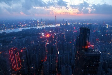 A sprawling urban cityscape at dusk with numerous skyscrapers illuminated by city lights under a dramatic cloudy sky and distant river reflecting the sunset hues