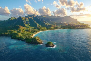 Aerial view of a lush green mountainous island with a sandy beach curving along bright blue ocean waters under a vibrant sky with scattered clouds during golden hour
