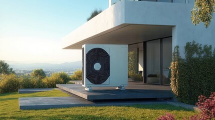 Modern air conditioning unit installed outside a contemporary house with large glass windows and surrounded by greenery under clear sky