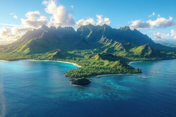 Aerial view of lush green tropical island with jagged mountain range surrounded by clear turquoise ocean under a partly cloudy sky