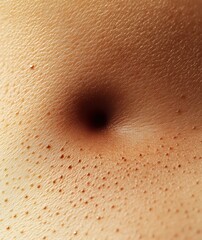 close-up of human skin with a navel and visible pores showing natural texture and small hair follicles