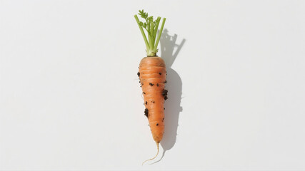 Fototapeta premium A single, perfect, organic carrot with its green tops still attached, with a little bit of authentic soil, on a clean white background