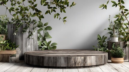 Elegant 3D display stage with round wooden podium, minimal greenery leaves arranged on sides, soft light gray background, natural and realistic look, ultra-high definition, commercial product showcase