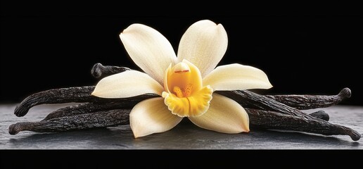 Close-up of creamy white vanilla orchid flower resting on dried vanilla pods on a dark textured surface with black background