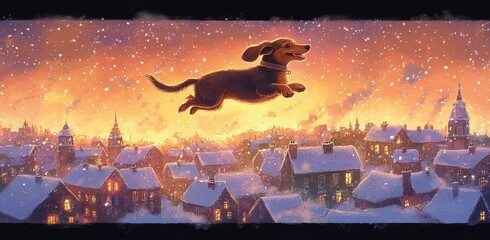 Joyful dachshund dog happily leaping over a snowy village at sunset with warm glowing windows and gentle snowfall