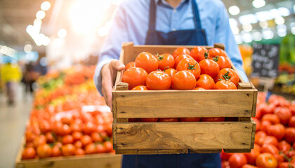 A faceless shot of a person's hands at a farmers' market, carefully choosing fresh, vibrant, locally grown vegetables from a wooden crate