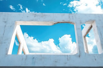 White concrete structure with large rectangular openings framing a blue sky with fluffy clouds on a bright day