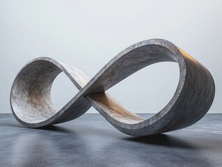 large weathered metal sculpture shaped like an infinity loop resting on a smooth dark surface under a pale sky