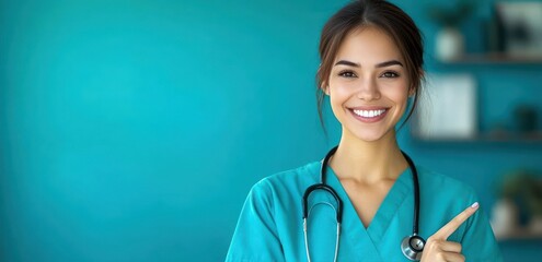 Smiling young female healthcare professional in teal scrubs with stethoscope pointing to the right against a teal background