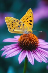 vibrant yellow butterfly with black spots perched delicately on the orange center of a blooming purple coneflower against soft blurred background