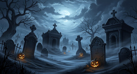 A spooky halloween night scene with tombstones and pumpkins in a misty and dark graveyard landscape