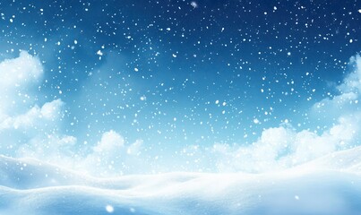 Obraz premium Scenic snowy landscape with soft snow-covered hills under a bright blue sky with falling snowflakes creating a peaceful winter atmosphere