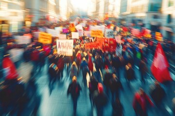 Obraz premium large crowd of people marching through city street holding various colorful signs in a vibrant, dynamic protest scene