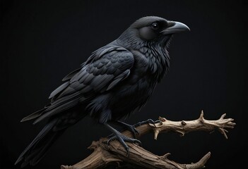Portrait of a black crow on a branch