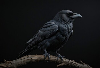 Portrait of a black crow on a branch