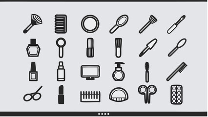 Obraz premium Collection of beauty and personal care items including brushes, bottles, and other cosmetic accessories | editable eps vectors silhouette