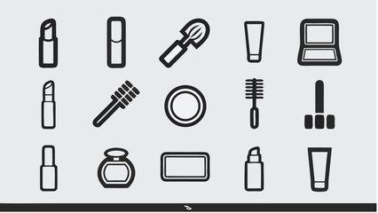 Collection of various beauty and makeup products displayed in a simple black and white style design |  editable eps vectors silhouette