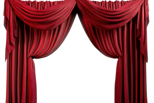 Elegant red curtain with intricate folds isolated on a transparent background suitable for theater or decorative purposes