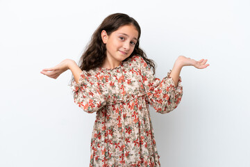 Little caucasian girl isolated on white background having doubts while raising hands