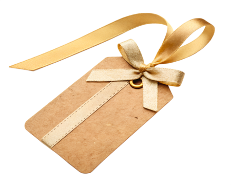 Elegant brown kraft paper gift tag with gold ribbon and bow, isolated on transparent background, perfect for presents, holidays, or wedding décor