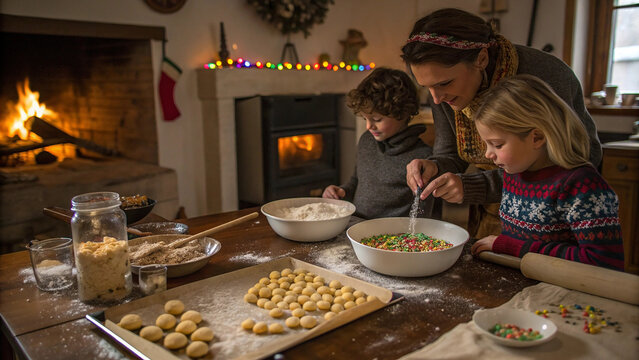 Cozy Winter Kitchen with Family Preparing Traditional Italian Struffoli Dessert