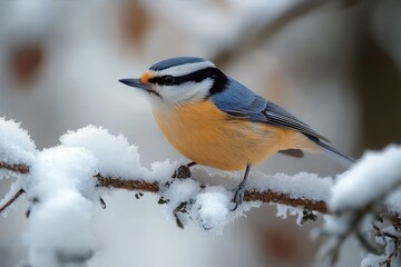 Obraz premium small colorful bird perched on a snow-covered branch in a winter setting with soft blurred background