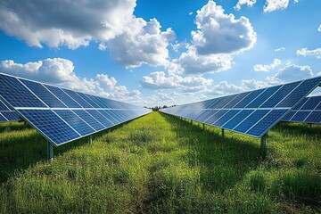 Rows of solar panels installed in a green field under a bright blue sky with scattered white clouds, symbolizing clean energy and sustainability