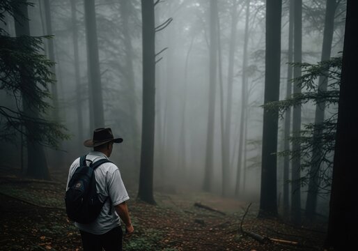 A middle-aged man hiking in a foggy forest.