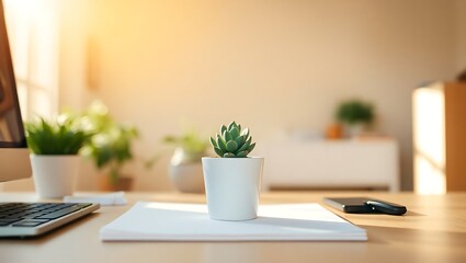 A succulent plant in a white pot on a desk with a keyboard and phone in a bright office setting
