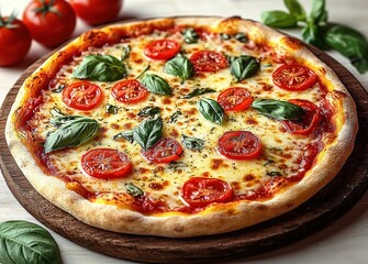 Fresh homemade pizza topped with melted cheese, sliced tomatoes, and fresh basil leaves on a wooden serving board, surrounded by whole tomatoes and basil leaves