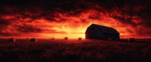 Dark wooden barn on a vast field with scattered hay bales under a dramatic fiery red and orange sunset sky