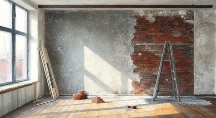 Empty room under renovation with exposed brick wall, wooden floor, ladder, scattered bricks, and sunlight streaming through large window casting shadows on textured walls