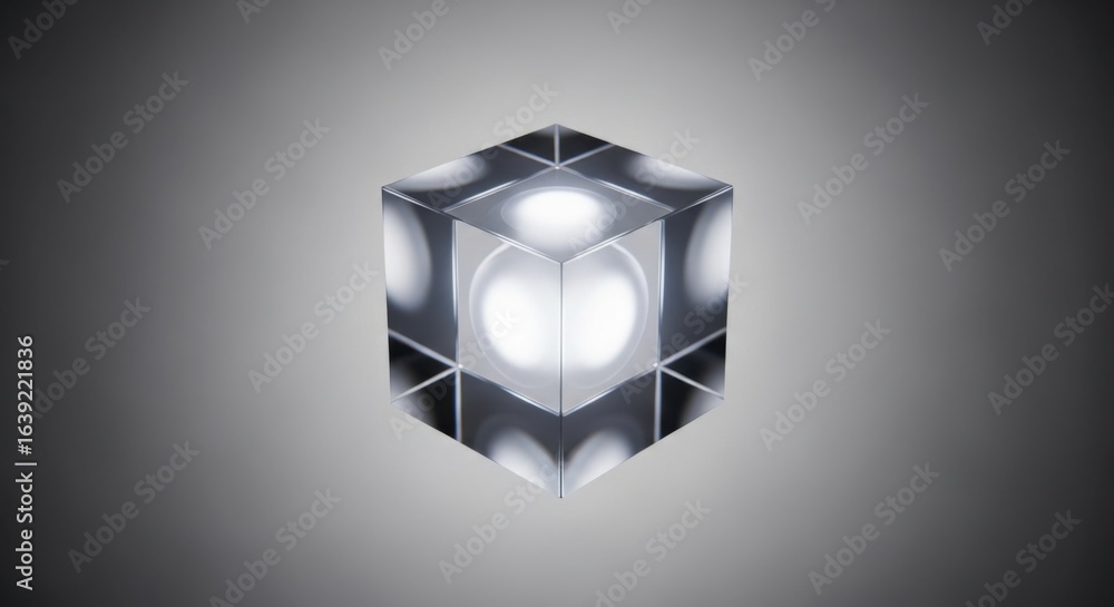 Poster futuristic reflective cube with illuminated spherical light inside on gray background