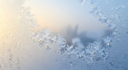 Close-up of intricate frost patterns forming delicate crystalline structures on a window pane, with a blurred background.