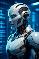 Close-up of a futuristic white and gold humanoid robot with glowing eyes