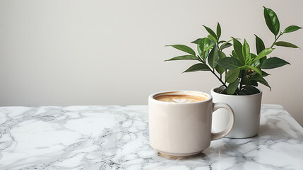 Beige Coffee Mug on Marble Table with Small Plant &ndash; Minimalist and Cozy Coffee Setup for Home Decor