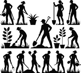 Gardening silhouettes, people planting, watering, digging, farming, outdoor work, plant care, landscaping, agriculture, garden maintenance, vector illustration for nature lovers