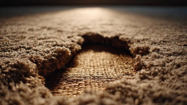 Ripped carpet and linen section concept. A close-up view of a damaged carpet revealing its woven texture.