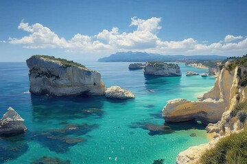 Fototapeta premium Clear turquoise sea with large rocky formations and cliffs under a bright blue sky with fluffy clouds, evoking a serene and peaceful coastal landscape
