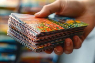 Close-up of a hand holding a thick deck of colorful tarot cards with floral and artistic designs, evoking curiosity and mysticism
