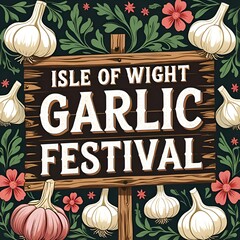 > add elegant decorative text &ldquo;ISLE OF WIGHT GARLIC FESTIVAL&rdquo; in bold rustic festival font, integrated naturally into the scene with wooden signboard style, surrounded by garlic illustrations and flor