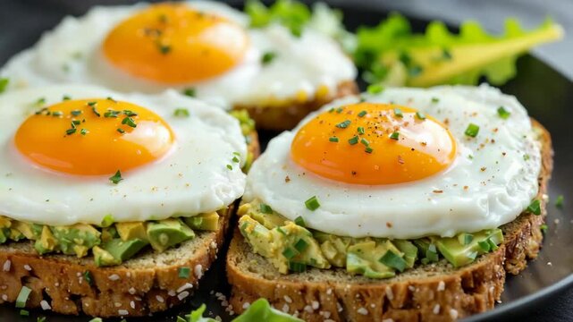 Sunny side up fried eggs resting on toasted whole wheat bread with mashed avocado and chives.