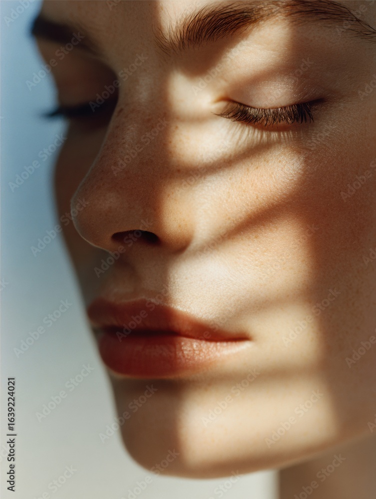 Poster womans face illuminated with light and shadow, showcasing a poetic and symbolic contrast of emotions
